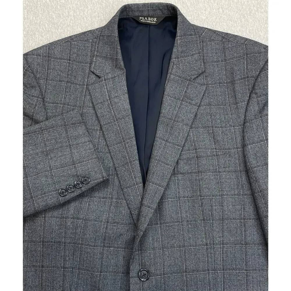 Jos A Bank‎ Blazer Mens 42L Gray Windowpane 100% Wool 2-Button Travelers